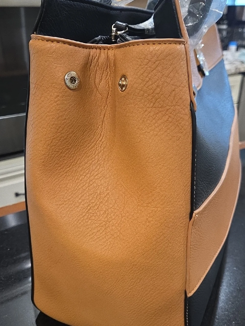 Black & Tan Color Block Tote, Large Structured Travel Work Shoulder Bag